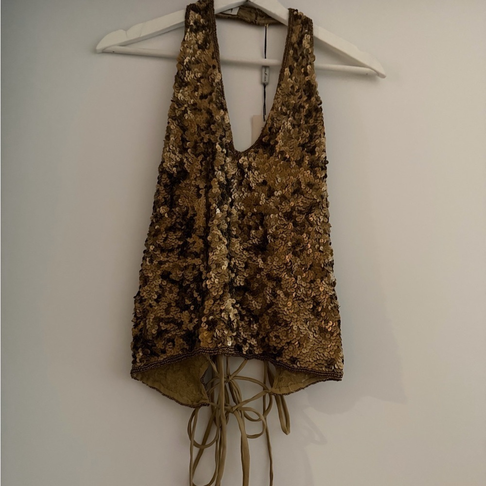 Gold Sequin y2k vintage Halter Top | Lace-Up Back | holiday NYE Party Glam NWT